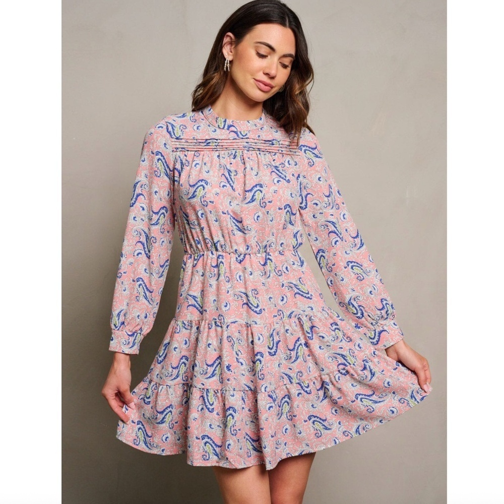 Paisley Print Long Sleeve Elastic Waist Mini Dress